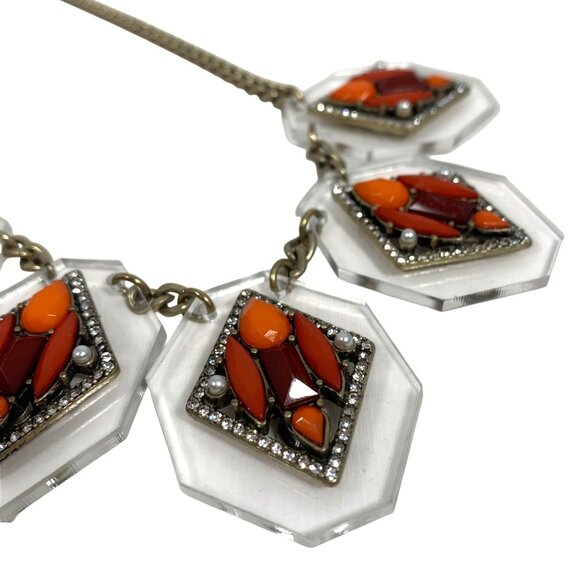 J.Crew Statement Bib Necklace Clear Rhinestone & Orange Lucite Crystal Choker - Picture 3 of 8